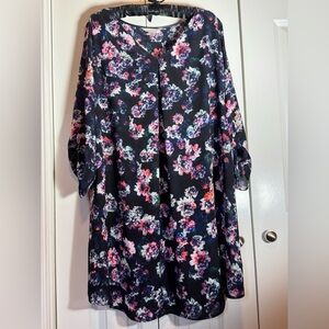 Decree Floral Sheer Blouse 1X Black Pink Blue Long Sleeve